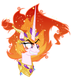 Size: 6000x6482 | Tagged: safe, artist:orin331, enterplay, nightmare star, princess celestia, pony, g4, absurd resolution, bust, crown, evil, evil smile, female, grin, jewelry, majestic as fuck, mane of fire, mare, merchandise, regalia, simple background, smiling, solo, trading card game, transparent background, vector