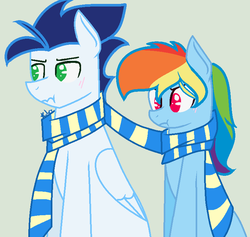 Size: 600x569 | Tagged: safe, artist:color-rainbow-s2, rainbow dash, soarin', pony, g4, blushing, clothes, male, scarf, scrunchy face, shared clothing, shared scarf, ship:soarindash, shipping, straight