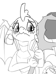 Size: 1280x1695 | Tagged: dead source, safe, artist:pabbley, princess ember, dragon, g4, bloodstone scepter, cute, female, grayscale, monochrome, simple background, solo, white background