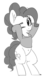 Size: 1153x1920 | Tagged: dead source, safe, artist:pabbley, pinkie pie, earth pony, pony, g4, arm behind head, belly button, bipedal, clothes, dancing, female, grayscale, looking at you, monochrome, one eye closed, shirt, simple background, solo, white background, wink