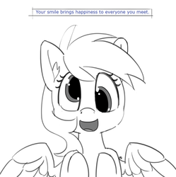 Size: 1280x1287 | Tagged: dead source, safe, artist:pabbley, derpy hooves, pegasus, pony, g4, cute, derpabetes, female, fortune cookie, grayscale, happy, heartwarming, looking at you, mare, monochrome, open mouth, simple background, smiling, solo, spread wings, truth, white background