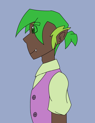 Size: 1768x2282 | Tagged: safe, artist:moonaknight13, spike, human, g4, clothes, dark skin, elf ears, fangs, formal, formal wear, human spike, humanized, male, older spike, ponytail, short ponytail, side view, smiling, solo, teenage spike, teenager