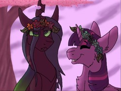 Size: 512x387 | Tagged: safe, artist:rockin_candies, queen chrysalis, twilight sparkle, alicorn, changeling, changeling queen, pony, g4, female, floral head wreath, flower, lesbian, ship:twisalis, shipping, smiling, tree, twilight sparkle (alicorn), what if