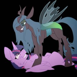 Size: 1024x1019 | Tagged: dead source, safe, artist:rockin_candies, queen chrysalis, twilight sparkle, alicorn, changeling, changeling queen, pony, g4, duo, duo female, female, grin, kabedon, lesbian, on back, pinned, ship:twisalis, shipping, smiling, twilight sparkle (alicorn)
