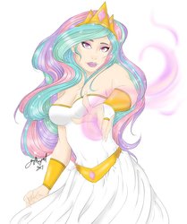Size: 1024x1223 | Tagged: safe, artist:gothangel0729, princess celestia, human, g4, breasts, clothes, crown, dress, female, humanized, jewelry, looking at you, magic, regalia, simple background, solo, white background