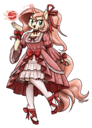 Size: 1280x1767 | Tagged: safe, artist:king-kakapo, oc, oc only, oc:ruby aura, unicorn, anthro, unguligrade anthro, g4, bow, clothes, commission, dress, frilly dress, glowing horn, heart, heart eyes, high heels, horn, lolita fashion, magic, ribbon, simple background, socks, solo, stockings, thigh highs, transparent background, wingding eyes