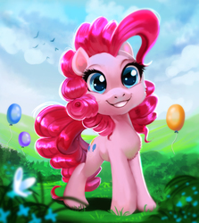 Size: 1291x1445 | Tagged: safe, artist:imalou, pinkie pie, bird, g4, balloon, cloud, cute, diapinkes, female, flower, grass, looking at you, smiling, solo