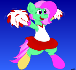 Size: 1300x1200 | Tagged: safe, artist:theimmortalwolf, derpibooru exclusive, minty, g3, cheerleader, clothes, commission, cute, eyestrain warning, female, needs more saturation, pom pom, skirt, socks, solo