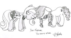 Size: 4310x2335 | Tagged: safe, artist:bluebird-laughing, princess luna, oc, oc:madmax, alicorn, pony, unicorn, g4, artifact, duo, eyes closed, grayscale, harsher in hindsight, high res, monochrome, s1 luna, sad, simple background, traditional art, white background
