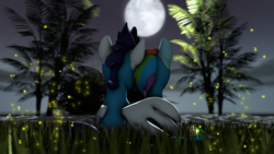 Size: 4000x2250 | Tagged: safe, artist:linormusicbeatpone, rainbow dash, soarin', firefly (insect), pony, g4, 3d, full moon, grass, hug, lake, leaning, male, moon, nature, night, ship:soarindash, shipping, sitting, snuggling, source filmmaker, straight, tree, water, winghug