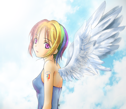 Size: 1000x862 | Tagged: dead source, safe, artist:d-tomoyo, rainbow dash, human, g4, alternative cutie mark placement, clothes, female, humanized, shoulder cutie mark, solo, spread wings, tank top, winged humanization, wings