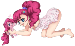 Size: 1144x706 | Tagged: safe, artist:d-tomoyo, pinkie pie, human, pony, g4, anime, balloonbutt, barefoot, bottomless, breasts, busty pinkie pie, clothes, cute, diapinkes, duality, feet, female, holding a pony, human ponidox, humanized, looking at you, nightgown, open mouth, partial nudity, ponytail, self ponidox, sideboob, simple background, smiling, tiny ponies, transparent background, waving