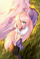 Size: 1080x1600 | Tagged: safe, artist:phuocthiencreation, fluttershy, human, g4, anime, clothes, female, hair over one eye, humanized, looking at you, pond, shy, skirt, solo, tights