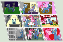 Size: 5250x3500 | Tagged: safe, artist:allonsbro, pinkie pie, pokey pierce, ponet, oc, oc:clevis padlock, g4, absurd resolution, apron, burglar, clothes, comic, headcanon, jail, kissing, magic, male, milkshake, police, saddle bag, ship:pokeypie, shipping, story in the source, straight