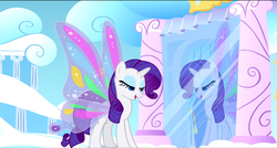 Size: 1360x730 | Tagged: safe, screencap, rarity, pony, g4, sonic rainboom (episode), cloudsdale, female, glimmer wings, lidded eyes, mare, mirror, solo