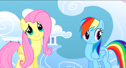 Size: 1360x736 | Tagged: safe, screencap, fluttershy, rainbow dash, pony, g4, sonic rainboom (episode), cloudsdale, looking at something