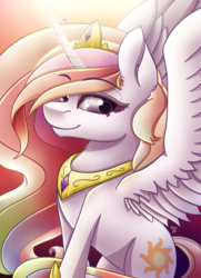 Size: 1446x2000 | Tagged: safe, artist:midnightsix3, princess celestia, g4, crown, female, jewelry, looking at you, regalia, simple background, smiling, solo, spread wings, sunlight