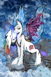 Size: 1080x1620 | Tagged: safe, artist:pepperscratch, oc, oc only, oc:crystal atmosphere, pegasus, pony, colored wings, crystal wings, male, multicolored wings, ocean, rock, solo, stallion