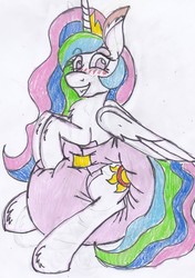 Size: 2207x3140 | Tagged: safe, artist:cuddlelamb, princess celestia, g4, diaper, female, high res, impossibly large diaper, non-baby in diaper, poofy diaper, solo, traditional art