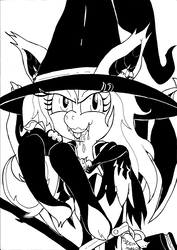 Size: 2480x3494 | Tagged: safe, artist:zkvvtz, fluttershy, bat pony, pony, vampire, g4, apple, crossover, female, flutterbat, food, hat, high res, mercyshy, monochrome, overwatch, race swap, solo, tongue out, witch, witch hat