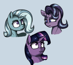 Size: 1280x1148 | Tagged: safe, artist:duop-qoub, artist:post-it, starlight glimmer, trixie, twilight sparkle, alicorn, pony, g4, blue background, bust, counterparts, lidded eyes, nose wrinkle, portrait, simple background, twilight sparkle (alicorn), twilight's counterparts