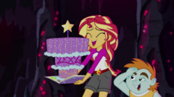 Size: 1115x624 | Tagged: safe, edit, edited screencap, screencap, snips, sunset shimmer, equestria girls, g4, my little pony equestria girls: legend of everfree, cake, food, laughing, out of context, the ass was fat