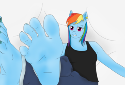 Size: 500x342 | Tagged: safe, artist:radiantaurora, rainbow dash, anthro, plantigrade anthro, g4, clothes, feet, female, foot fetish, foot focus, solo, tank top