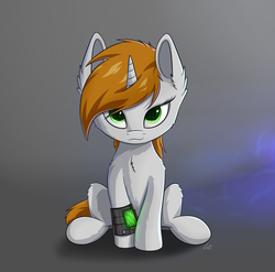 Size: 3525x3479 | Tagged: safe, artist:deltauraart, oc, oc only, oc:littlepip, pony, unicorn, fallout equestria, abstract background, chest fluff, ear fluff, fanfic, fanfic art, female, fluffy, hooves, horn, looking at you, mare, neck fluff, pipbuck, sitting, solo