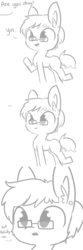 Size: 720x2160 | Tagged: safe, artist:tjpones, oc, oc only, oc:tjpones, earth pony, pony, ..., blatant lies, comic, dialogue, ear fluff, glasses, grayscale, injured, male, monochrome, offscreen character, open mouth, raised hoof, raised leg, simple background, smiling, stallion, twisted ankle, white background, yes but no