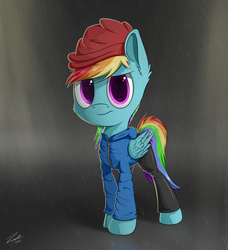 Size: 3056x3350 | Tagged: safe, artist:deltauraart, rainbow dash, pony, g4, clothes, female, hat, high res, looking at you, rain, solo