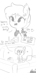 Size: 720x1440 | Tagged: safe, artist:tjpones, oc, oc only, oc:super rad bat gal, bat pony, pony, bait and switch, chips, clothes, cocktail, comic, computer, couch, cute, dialogue, ear piercing, earring, food, game jam, grayscale, innuendo, jacket, jewelry, laptop computer, leather jacket, monochrome, nerd, piercing