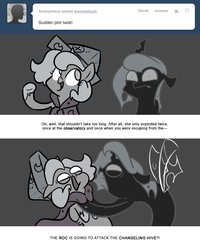 Size: 666x832 | Tagged: safe, artist:egophiliac, princess luna, oc, oc:imogen, changeling, changeling queen, pony, moonstuck, g4, cartographer's cap, changeling queen oc, female, filly, grayscale, hat, marauder's mantle, monochrome, woona, woonoggles, younger