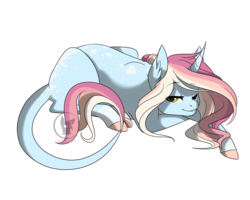 Size: 2000x1600 | Tagged: safe, artist:rhinestonearts, oc, oc only, oc:opaline, classical unicorn, pony, unicorn, coat markings, dappled, ear fluff, female, horn, leonine tail, mare, prone, simple background, solo, transparent background