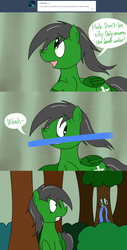 Size: 1280x2525 | Tagged: safe, artist:hummingway, oc, oc only, oc:feather hummingway, ask-humming-way, dialogue, forest, tumblr, tumblr comic