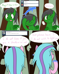 Size: 1631x2043 | Tagged: safe, artist:hummingway, oc, oc only, oc:feather hummingway, oc:swirly shells, ask-humming-way, dialogue, forest, tumblr, tumblr comic
