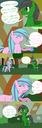 Size: 1280x3840 | Tagged: safe, artist:hummingway, oc, oc only, oc:feather hummingway, oc:swirly shells, ask-humming-way, dialogue, forest, tumblr comic