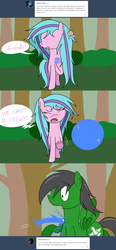 Size: 1280x2748 | Tagged: safe, artist:hummingway, oc, oc only, oc:feather hummingway, oc:swirly shells, ask-humming-way, dialogue, forest, tumblr, tumblr comic
