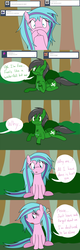 Size: 1280x4000 | Tagged: safe, artist:hummingway, oc, oc only, oc:feather hummingway, oc:swirly shells, ask-humming-way, dialogue, forest, tumblr, tumblr comic