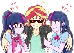 Size: 2274x1642 | Tagged: safe, artist:aka-ryuga, sci-twi, sunset shimmer, twilight sparkle, equestria girls, g4, clothes, female, heart, jacket, lesbian, ship:sci-twishimmer, ship:sunset twiangle, ship:sunsetsparkle, shipping, smiling, sunglasses, sunset gets all the twilights, twolight