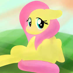 Size: 600x600 | Tagged: safe, artist:one$hot, fluttershy, pegasus, pony, g4, blushing, female, floppy ears, gray background, lineless, mare, minimalist, modern art, shy, simple background, sitting, solo