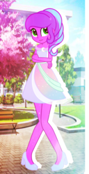 Size: 762x1494 | Tagged: safe, artist:asika-aida, oc, oc only, oc:crescent quill, equestria girls, g4, clothes, commission, crossed arms, cute, dress, equestria girls-ified, female, green eyes, high heels, off shoulder, park, smiling, solo
