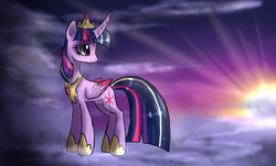 Size: 1448x873 | Tagged: safe, artist:not-ordinary-pony, twilight sparkle, alicorn, pony, g4, cloud, colored wings, colored wingtips, crepuscular rays, crown, curved horn, female, hoof shoes, horn, immortality blues, jewelry, mare, peytral, regalia, solo, twilight (astronomy), twilight sparkle (alicorn), ultimate twilight