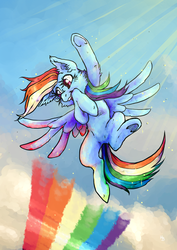 Size: 2149x3035 | Tagged: safe, artist:hoz-boz, rainbow dash, pony, g4, cloud, female, flying, high res, looking down, rainbow, sky, smiling, solo, spread wings