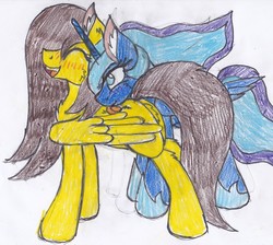 Size: 2738x2458 | Tagged: safe, artist:cuddlelamb, princess luna, oc, oc:golden lily, pegasus, pony, g4, blushing, eyes closed, high res, laughing, licking, tickling, tongue out, traditional art