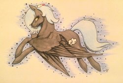 Size: 1024x690 | Tagged: safe, artist:oneiria-fylakas, oc, oc only, oc:cloudy night, pegasus, pony, female, flying, mare, solo, traditional art