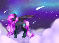 Size: 1024x740 | Tagged: safe, artist:itsizzybel, oc, oc only, oc:cream cloud, pegasus, pony, cloud, eyes closed, female, mare, night, shooting star, solo