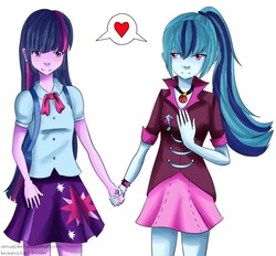 Size: 1087x1010 | Tagged: safe, artist:amuxjoker, sonata dusk, twilight sparkle, equestria girls, g4, clothes, female, heart, holding hands, lesbian, ponytail, ship:twinata, shipping, simple background, skirt