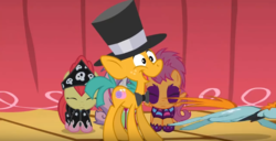 Size: 1062x545 | Tagged: safe, screencap, apple bloom, scootaloo, snails, snips, sweetie belle, pony, unicorn, g4, the show stoppers, bandana, clothes, colt, face paint, great moments in animation, male, show stopper outfits, smear frame