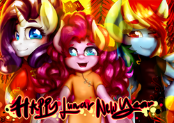 Size: 3035x2149 | Tagged: safe, artist:monochromacat, pinkie pie, rainbow dash, rarity, pony, g4, bipedal, blushing, cheongsam, chinese new year, clothes, cute, dress, happy new year, happy new year 2017, high res, one eye closed, smiling, trio, wink, year of the rooster