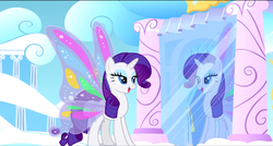 Size: 1360x730 | Tagged: safe, screencap, rarity, pony, g4, sonic rainboom (episode), bedroom eyes, cloudsdale, female, glimmer wings, lidded eyes, mare, mirror, solo